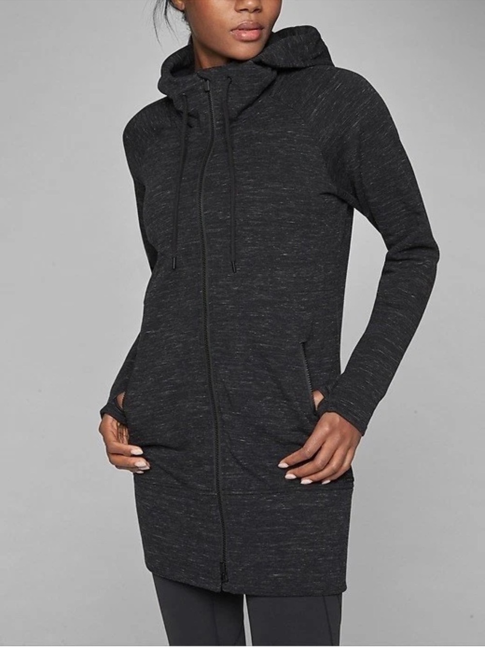 Athleta Stronger Hoodie Jacket Full Zip Fleece Lined Long Gray Womens Size XS